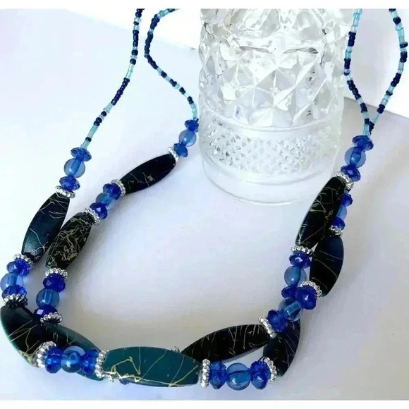 Blue Beaded Necklace Multi Strand Green Faceted 24" - Picture 6 of 8
